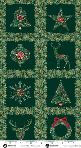 Makower UK  - Good Tidings - Squares Panel Green 111-G