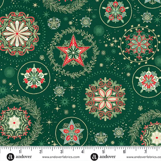 Makower UK  - Good Tidings - Snow Crystal Green M103G
